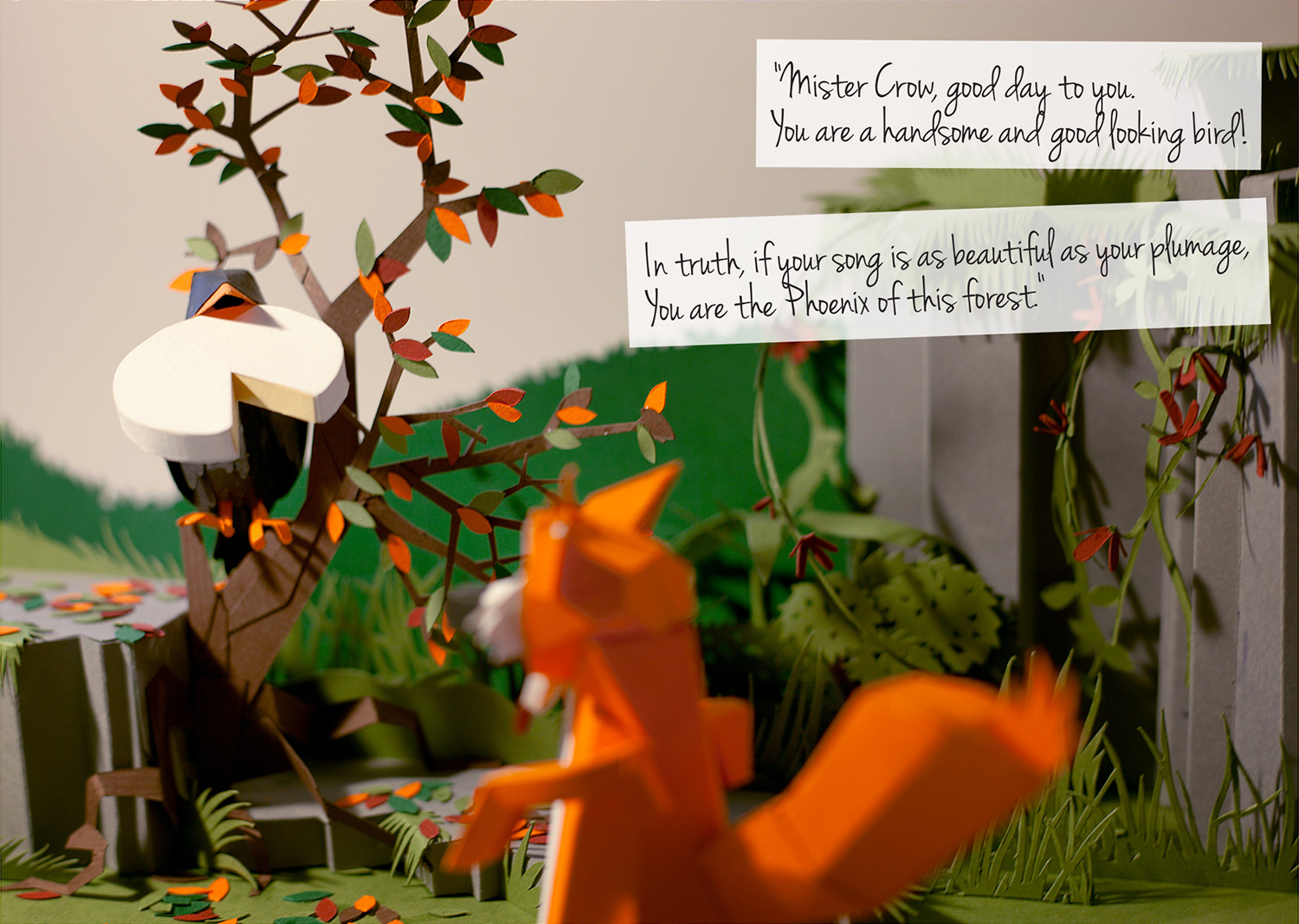 The story The Crow and the Fox made with paper